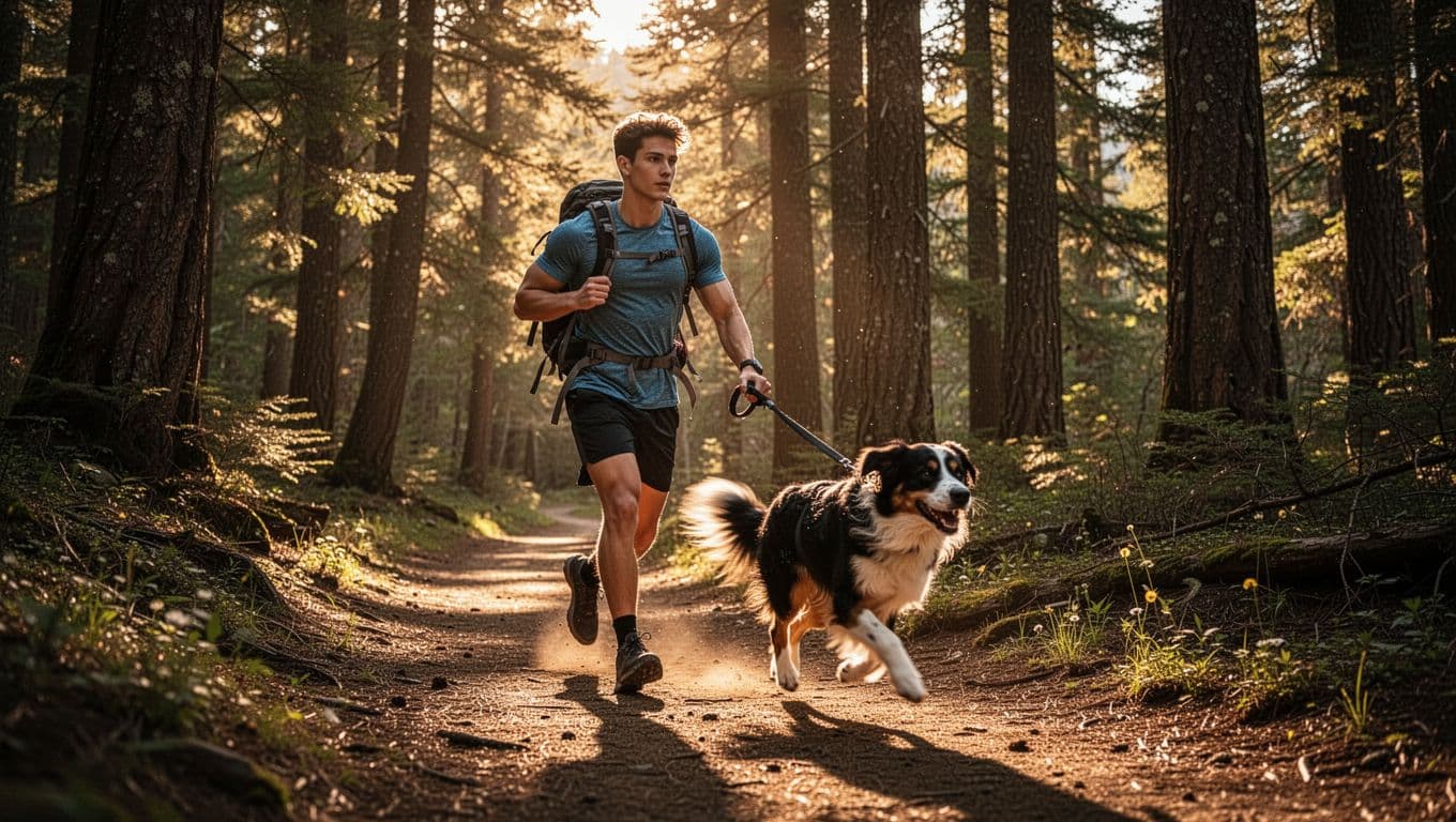 A young adult hikes dynamically on a forested trail with a high-energy Border Collie off-leash nearby, featuring motion blur on legs and golden hour lighting with strong shadows and cinematic contrast.