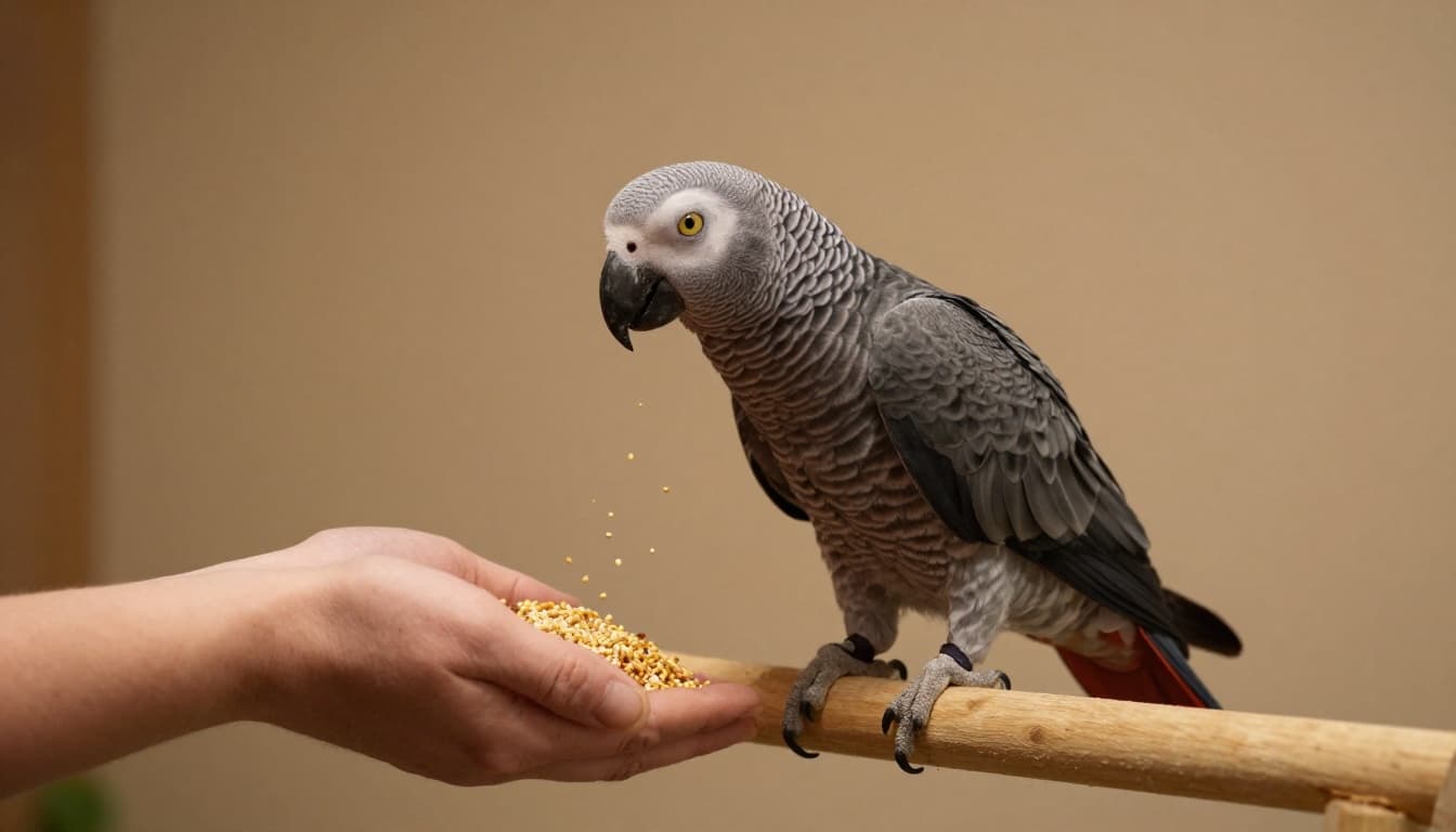 A colorful African Grey parrot steps onto a wooden perch held by a gloved hand in a bright aviary, with millet spray reward nearby, demonstrating safe step up command.
