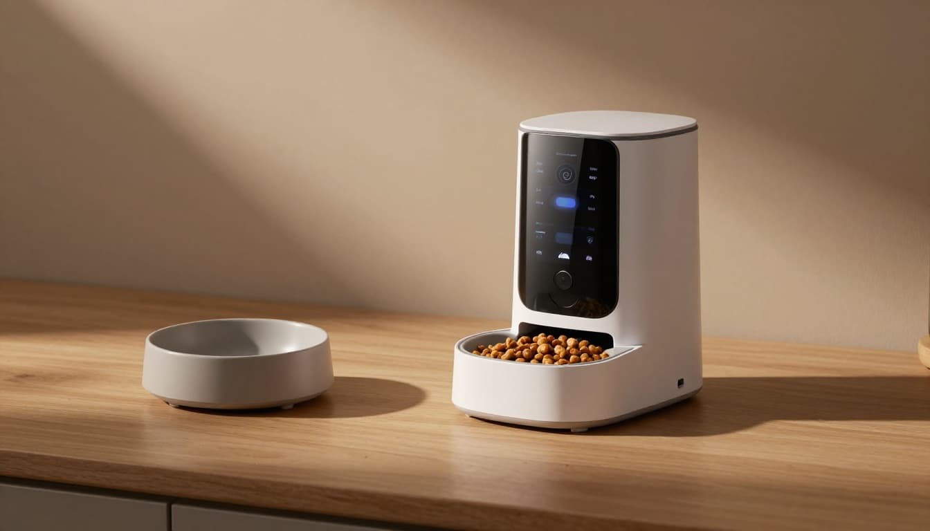 Sleek modern smart pet feeder with camera on kitchen counter dispensing kibble into bowl, evening light with shadows, cinematic style in warm earth tones and desaturated palette.