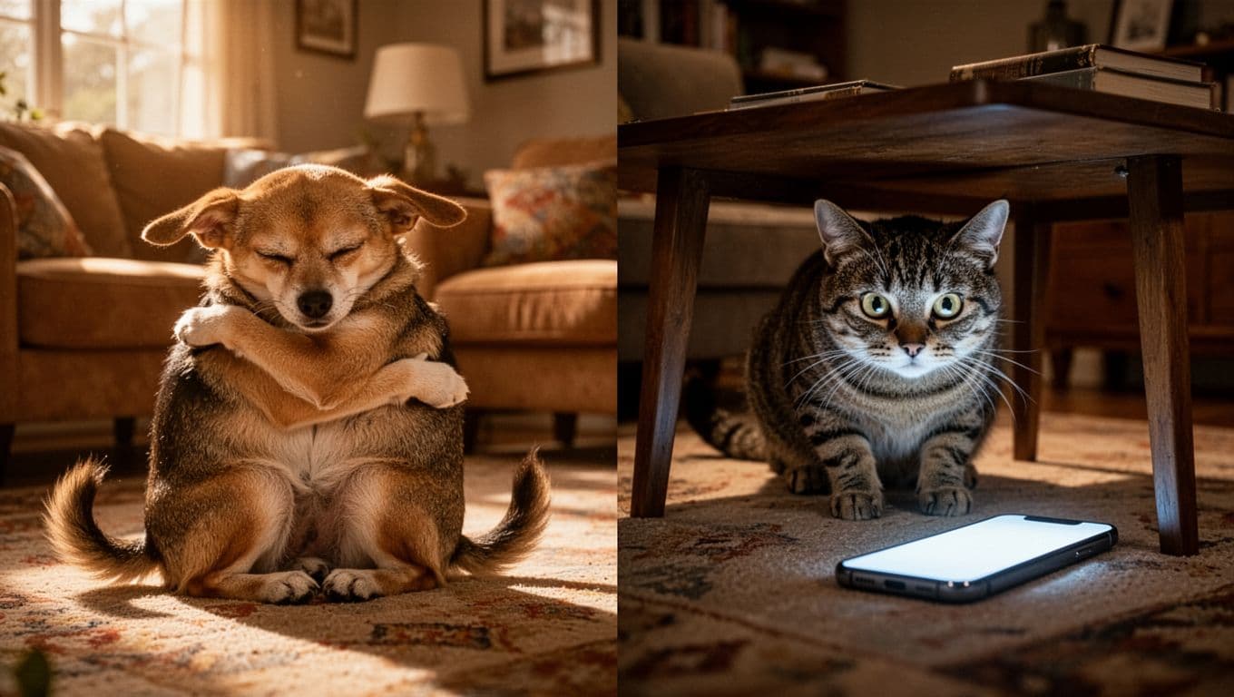 Split scene in a cozy home illustrating beginner pet owner mistakes: left side shows owner forcing a hug on a stressed dog with tucked tail, right side depicts owner checking phone while anxious cat hides; cinematic style with strong contrast, depth, dramatic lighting, and warm tones.