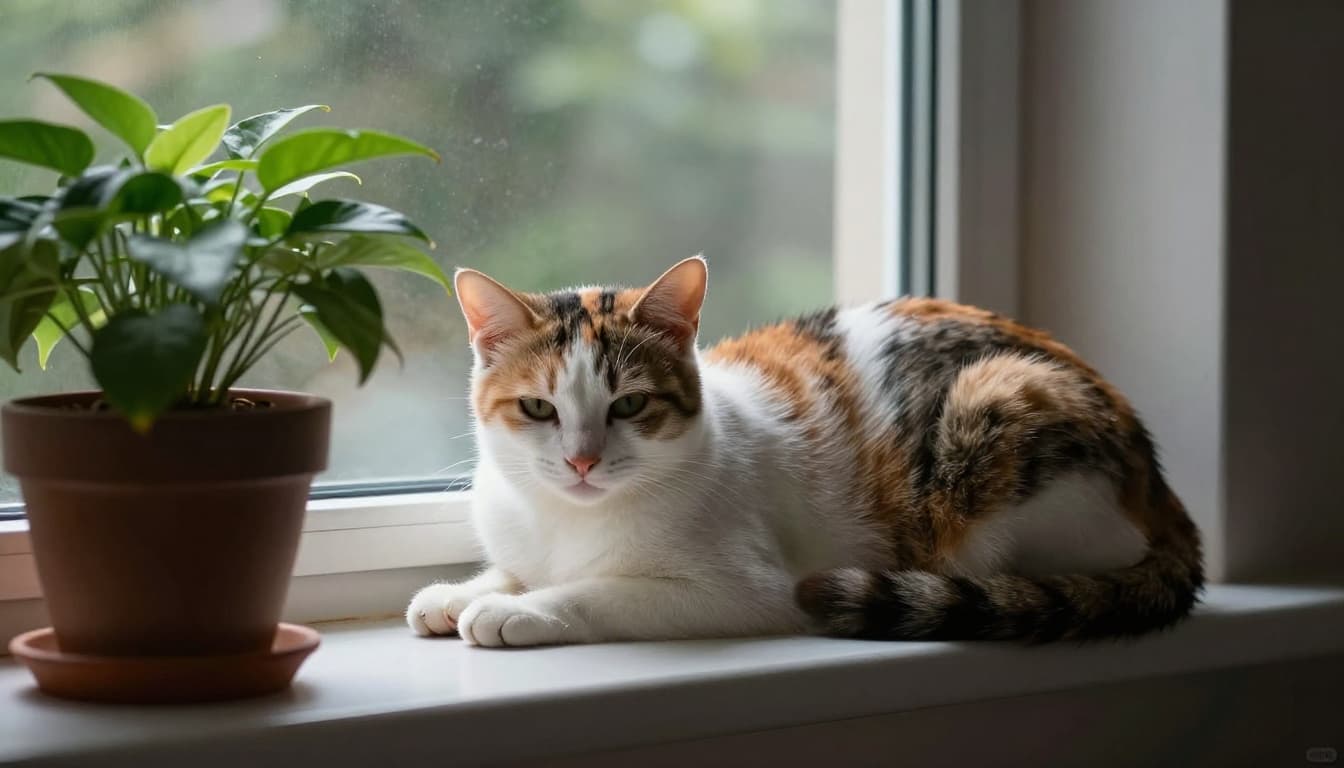A calico cat grooming itself on a windowsill in a clean home with smooth, parasite-free fur, soft indoor light, and potted plants nearby in cinematic style.