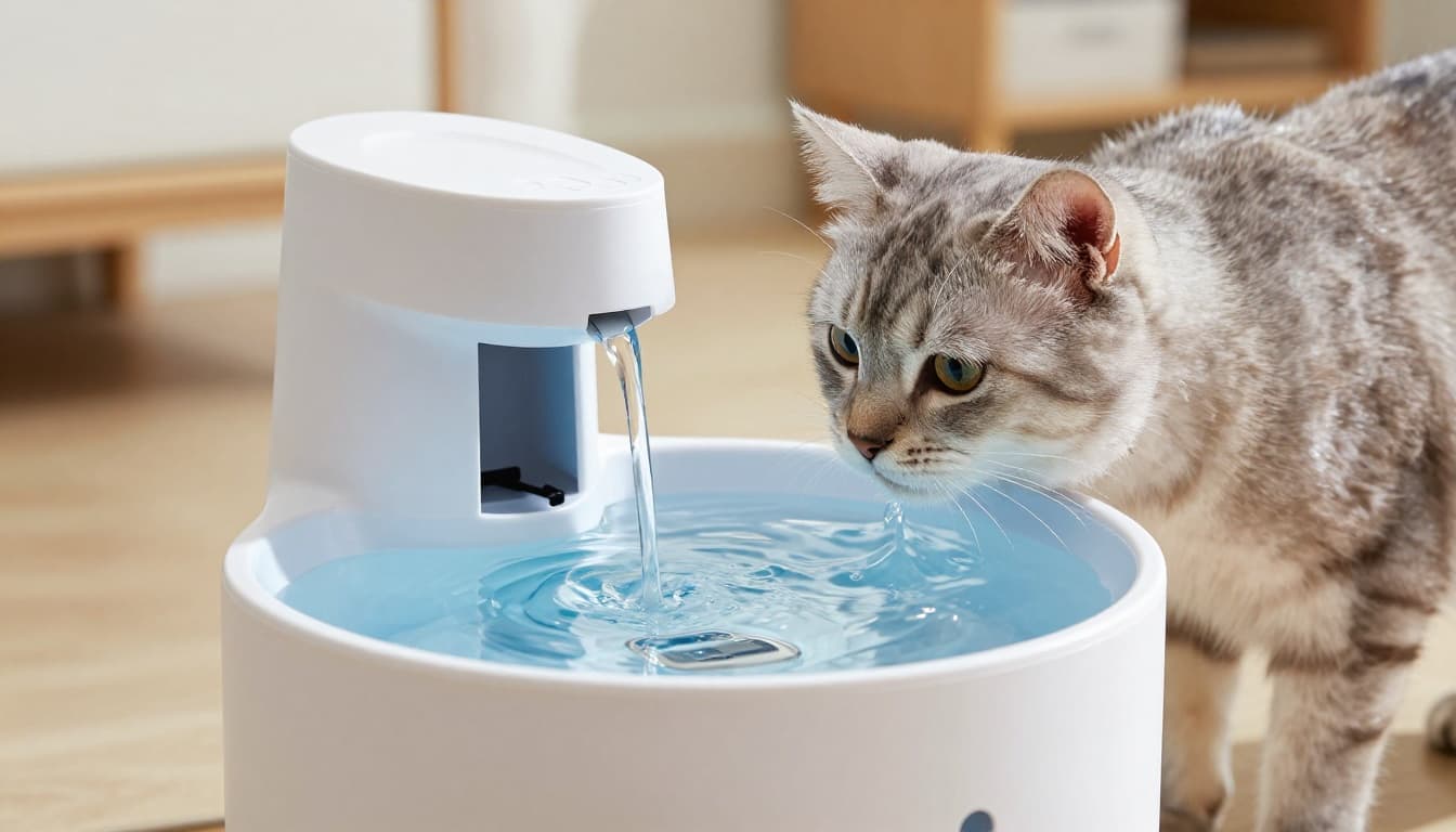 A sleek modern pet water fountain flows with clear water in a bright living room, featuring a curious cat drinking from it with shallow depth of field on the fountain and cat's face in cinematic style.