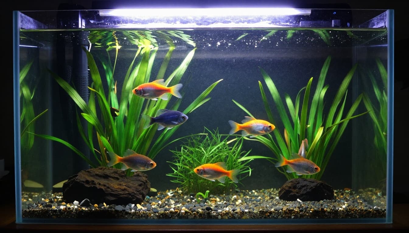 Simple home aquarium with tropical fish swimming in a clean tank featuring plants and a visible filter, illuminated by morning light for a serene, cinematic underwater scene focused on fish activity.