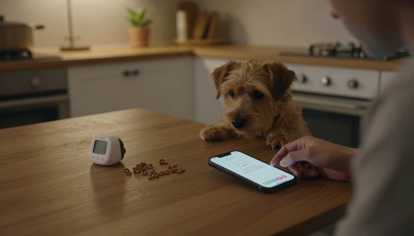 A person partially shown trains a small dog with a clicker and treats on a kitchen table during a short session, featuring a timer and phone app nearby in a simple home environment with cinematic warm lighting.