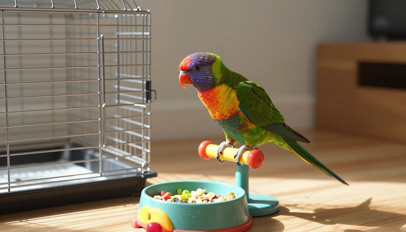 A vibrant parrot perches on a play stand in a sunlit room, playfully interacting with a foot toy amid nearby toys and a fresh food bowl, with the cage door open in a cinematic wide composition featuring dramatic lighting and strong contrast.