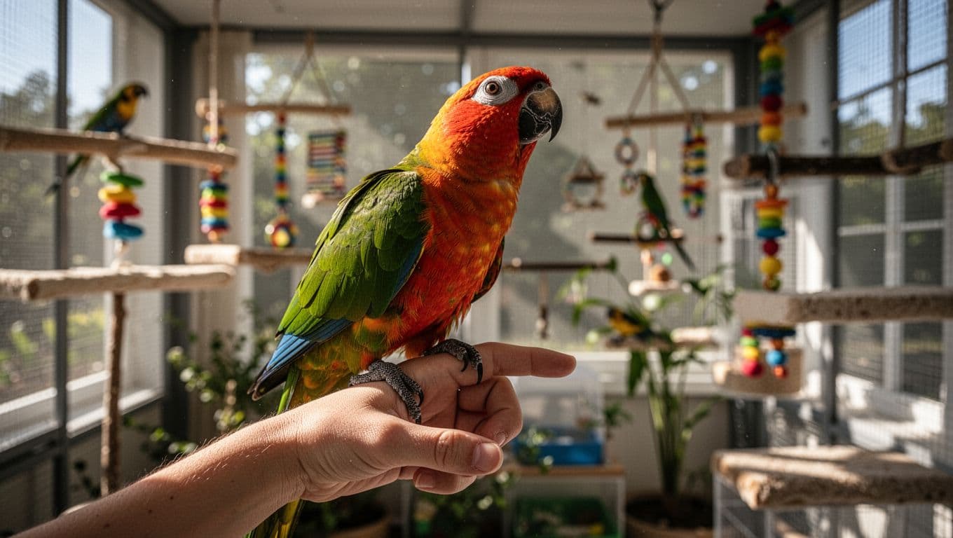 Vibrant parrot stepping onto owner's extended finger in bright home aviary, head tilted looking at owner, soft blurred background of perches and toys. Medium close-up in cinematic style with dramatic natural lighting.