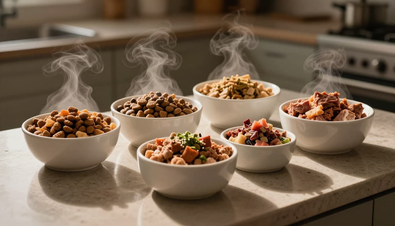 Variety of pet food bowls with dry kibble, wet canned food, fresh cooked meal, and raw pieces on a kitchen counter, steam rising, cinematic lighting.