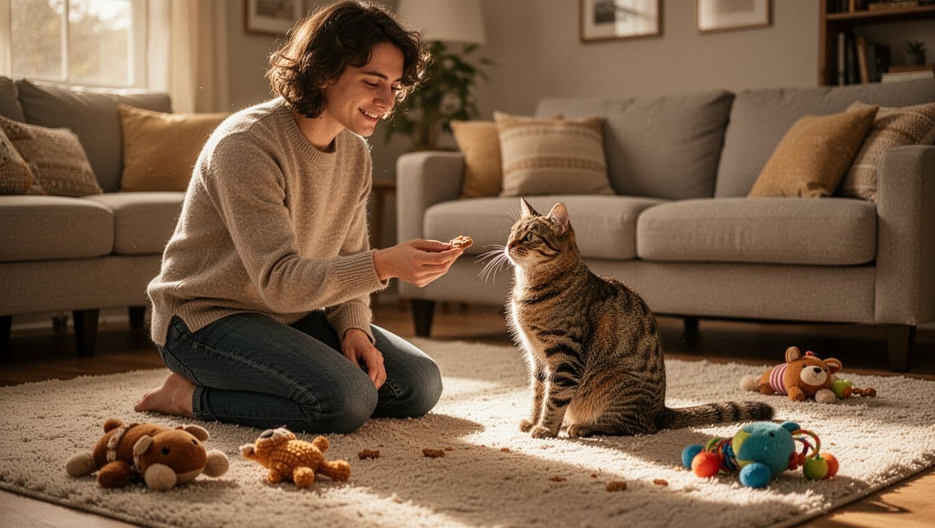 In a cozy living room, the owner sits on the floor training one focused cat to sit using a treat lure, with toys nearby indicating play routines, in cinematic style with dramatic lighting and warm tones.