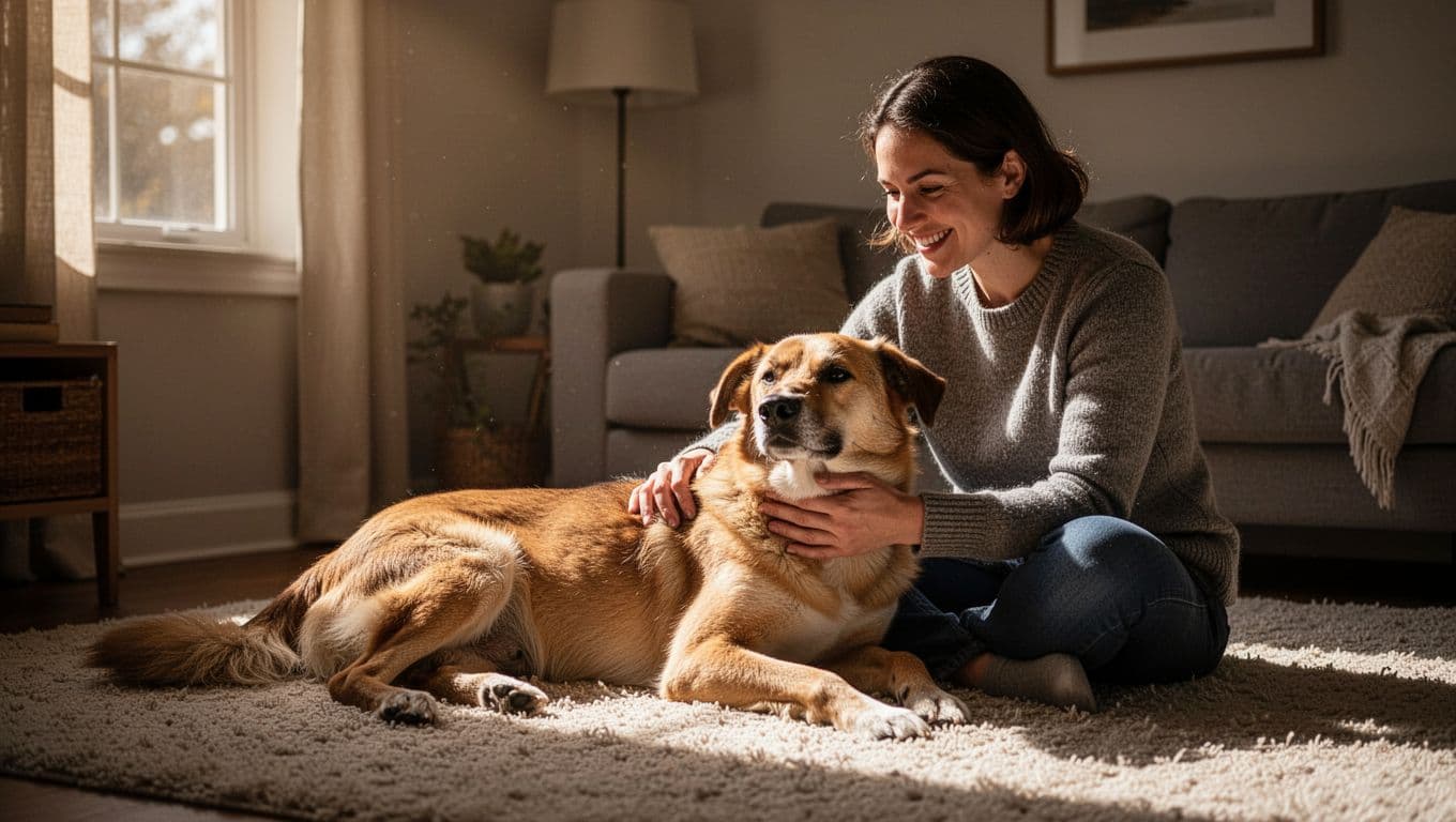 In a cozy living room bathed in warm natural light, a relaxed dog sits calmly next to its smiling owner on the floor, receiving gentle petting and voice praise with eye contact.