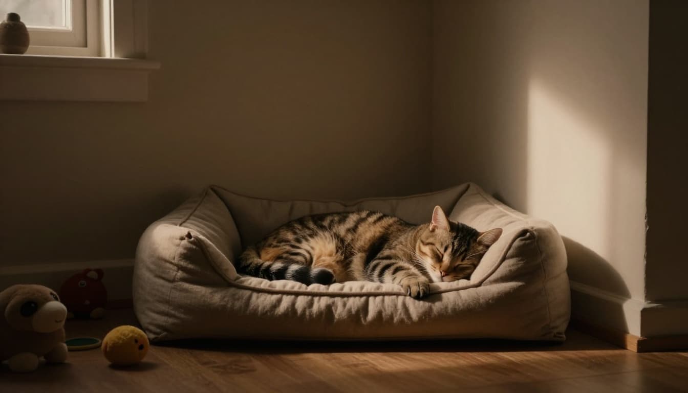 A single cozy cat sleeps peacefully in a cushioned bed in a clean indoor corner with nearby toys, illuminated by cinematic lighting with soft shadows, strong contrast, depth, dramatic warm earthy tones.
