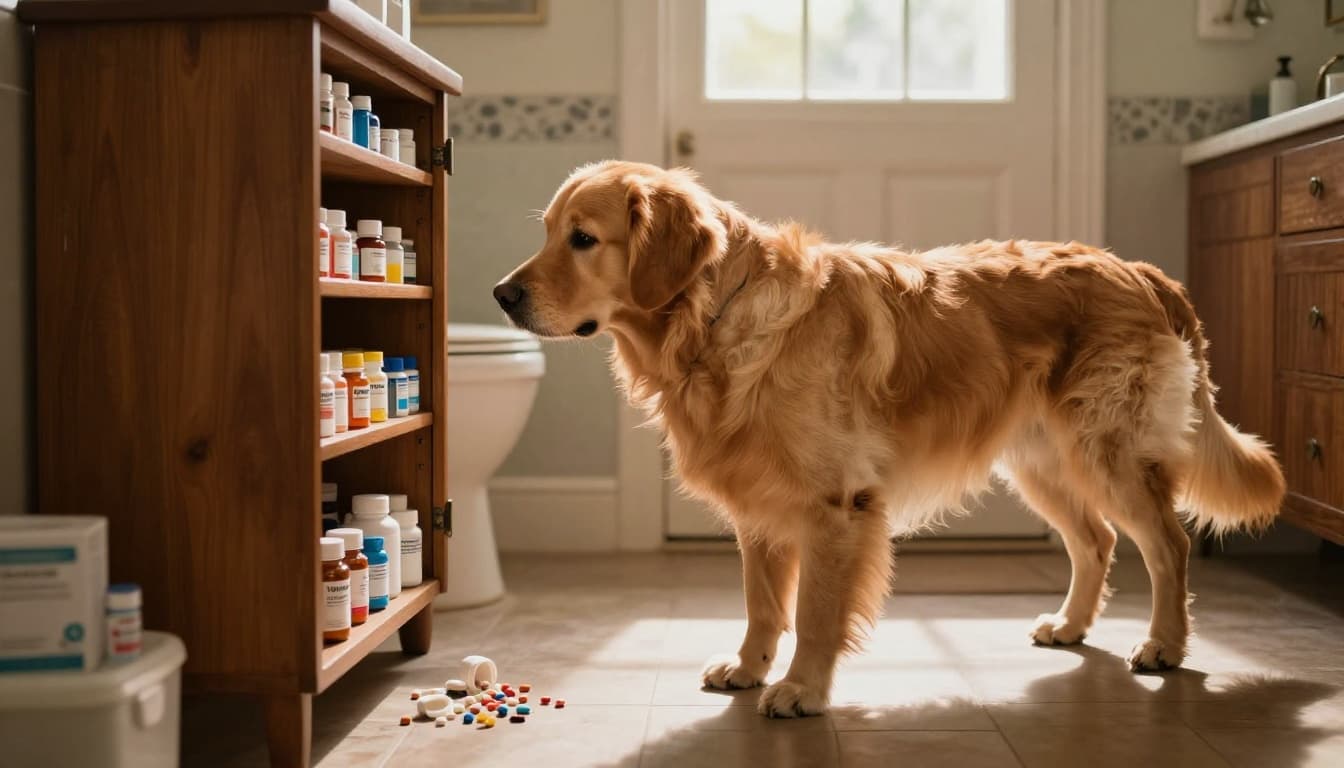 Curious golden retriever dog with front paws on bathroom counter sniffs open wooden medicine cabinet with colorful pill bottles spilling slightly in cozy home bathroom with warm window light and dramatic shadows.