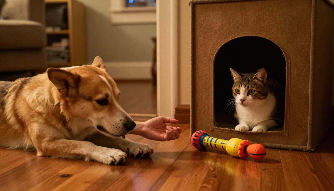Split-scene in a cozy home contrasts a relaxed dog leaning toward a treat on a short walk with a curious cat peeking from a hide box near a wand toy, highlighting tailored trust-building approaches.