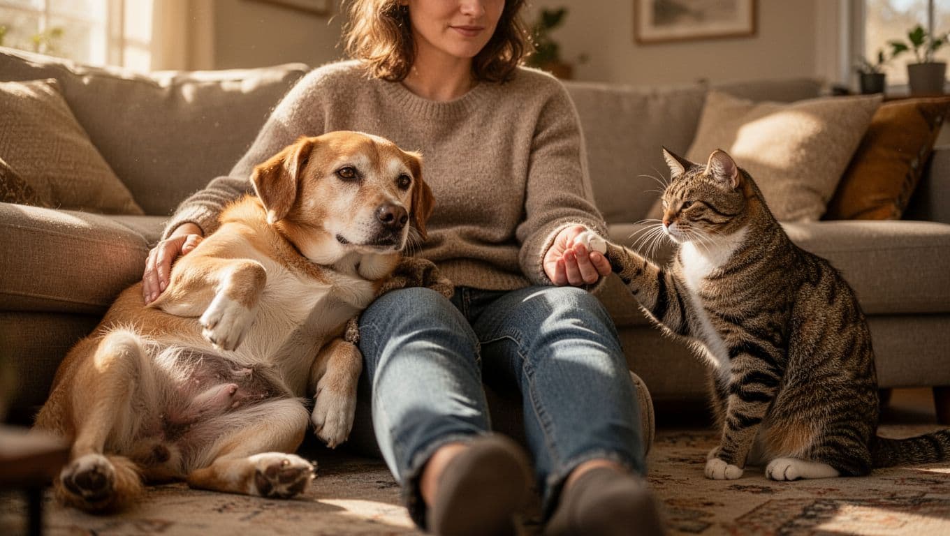 Split cozy living room scene: relaxed dog leaning on smiling owner with soft eyes and exposed belly on left; content cat nudging hand while purring on right. Cinematic warm tones and dramatic lighting.