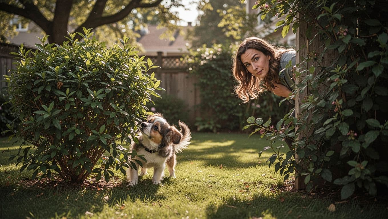 An owner plays hide and seek with a small dog in a home backyard, the dog searching behind a bush in a joyful moment. Outdoor daylight scene with trees, cinematic style featuring strong contrast, depth, and dramatic lighting.