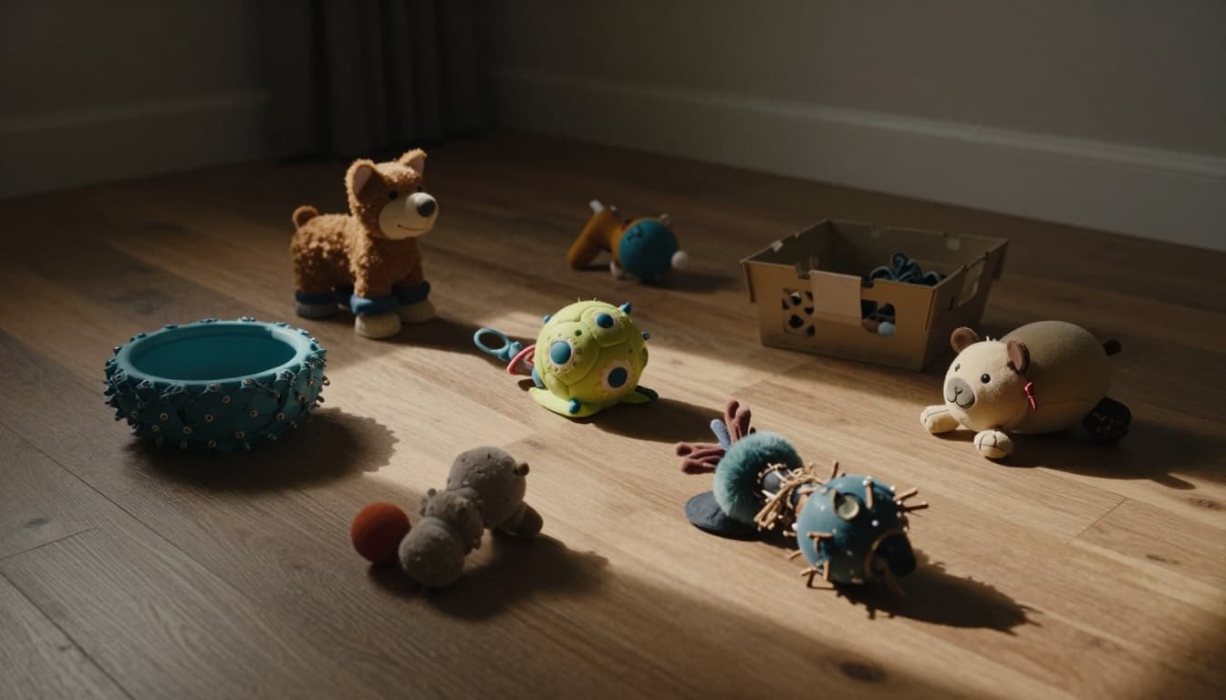 Assortment of durable chew toys, puzzle feeder, and destruction box on a wooden floor in a cozy pet room, scattered but organized with natural light and cinematic style.