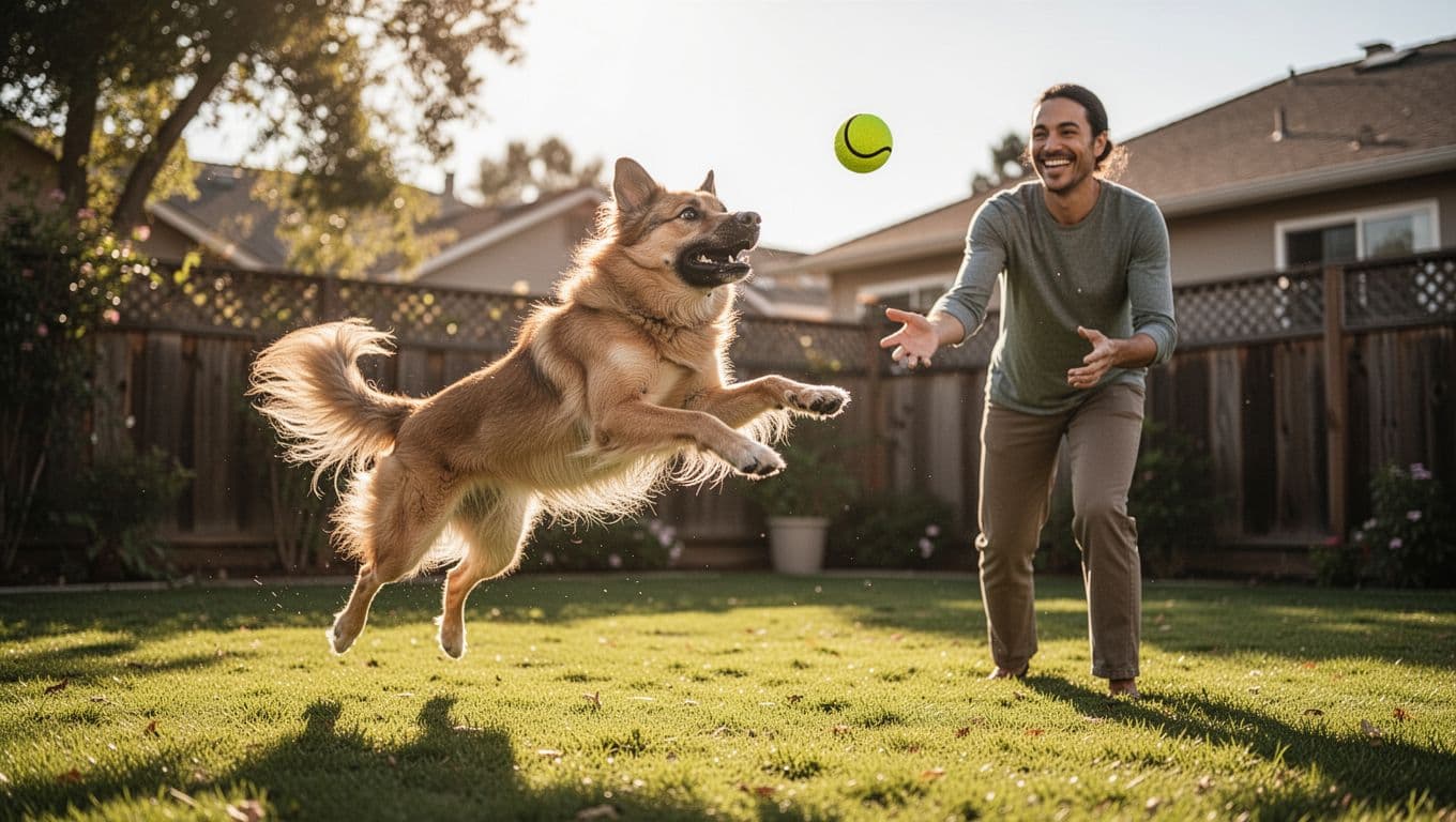 Split composition of an energetic dog chasing a fetch toy mid-air thrown by its smiling owner in a backyard, and an indoor cat batting a wand toy held by its owner on the floor. Cinematic style with strong contrast, depth, dramatic lighting, and warm tones, illustrating interactive play that boosts pet confidence and strengthens bonds.