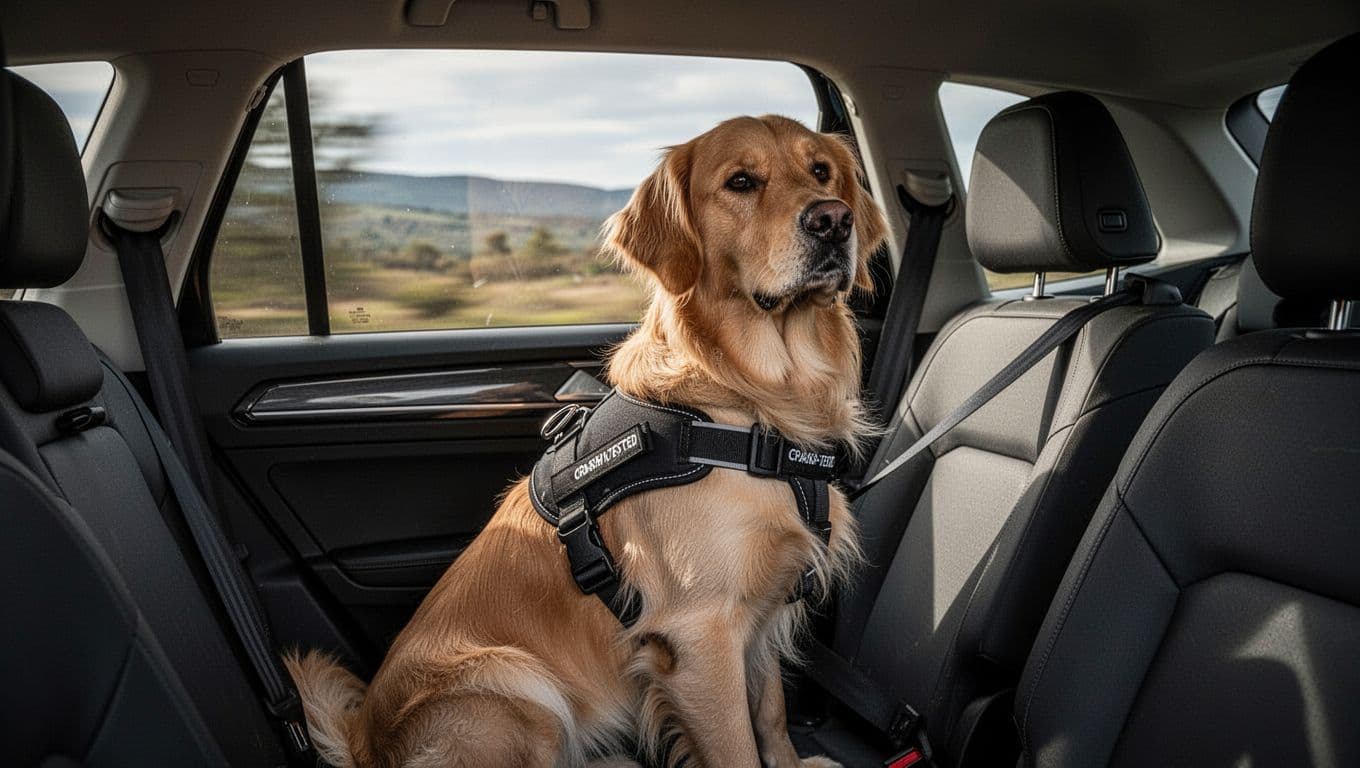 A golden retriever dog is buckled into a black crash-tested harness in the backseat of an SUV during a road trip, with its leash attached to the seatbelt and passing scenery visible through the window. The dog appears secure and calm in a cinematic style with dramatic side lighting.