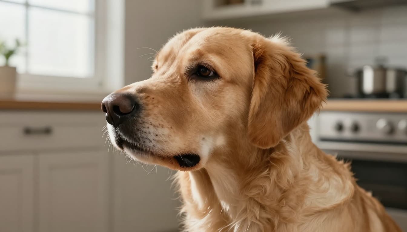 Close-up side profile of a golden retriever on a kitchen floor showing dry gums, sunken eyes, and neck skin tenting as key dehydration signs in a cinematic style with dramatic lighting.