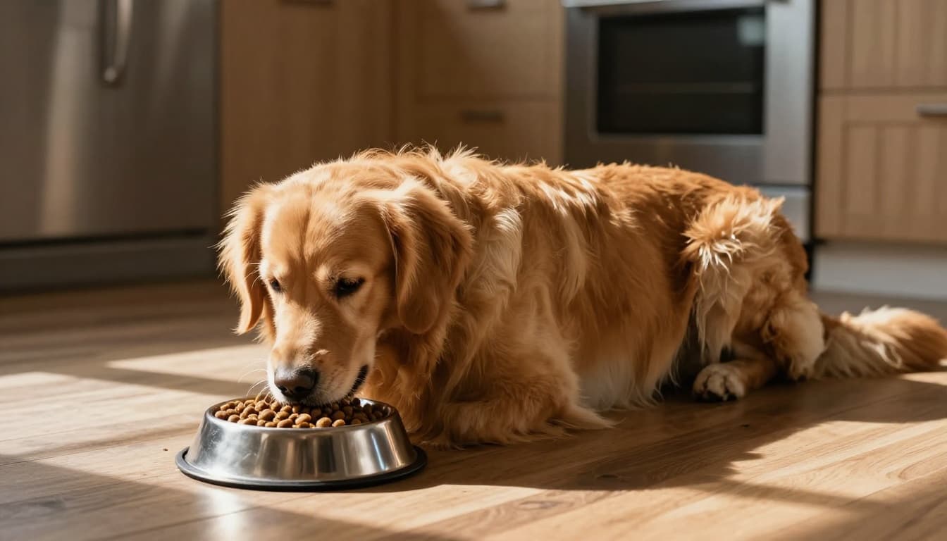 A golden retriever dog eats kibble from a stainless steel bowl on a wooden floor in a sunlit kitchen, captured in cinematic style with dramatic lighting, strong contrast, depth, and warm tones.