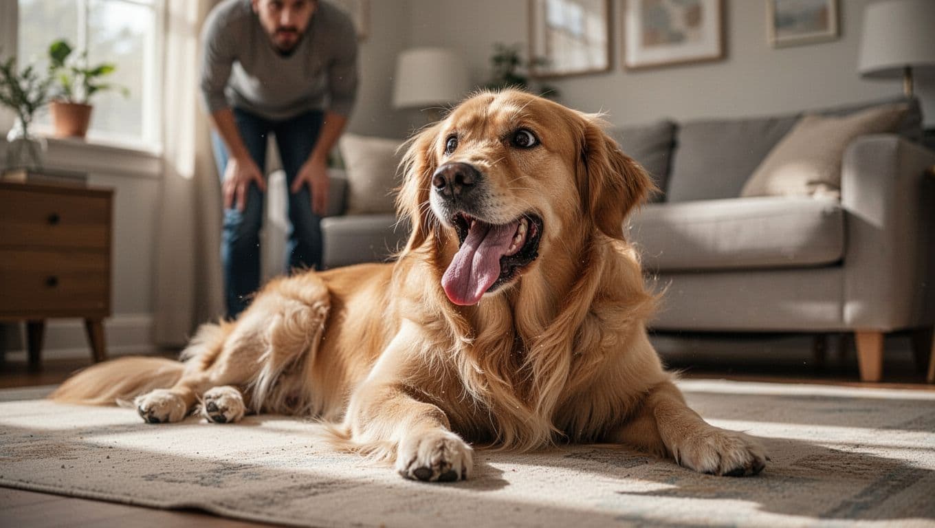 A golden retriever dog on a living room floor exhibits labored breathing with rapid chest heaving, extended tongue panting heavily, and wide distressed eyes, while a concerned owner is blurred in the background; realistic indoor photograph.