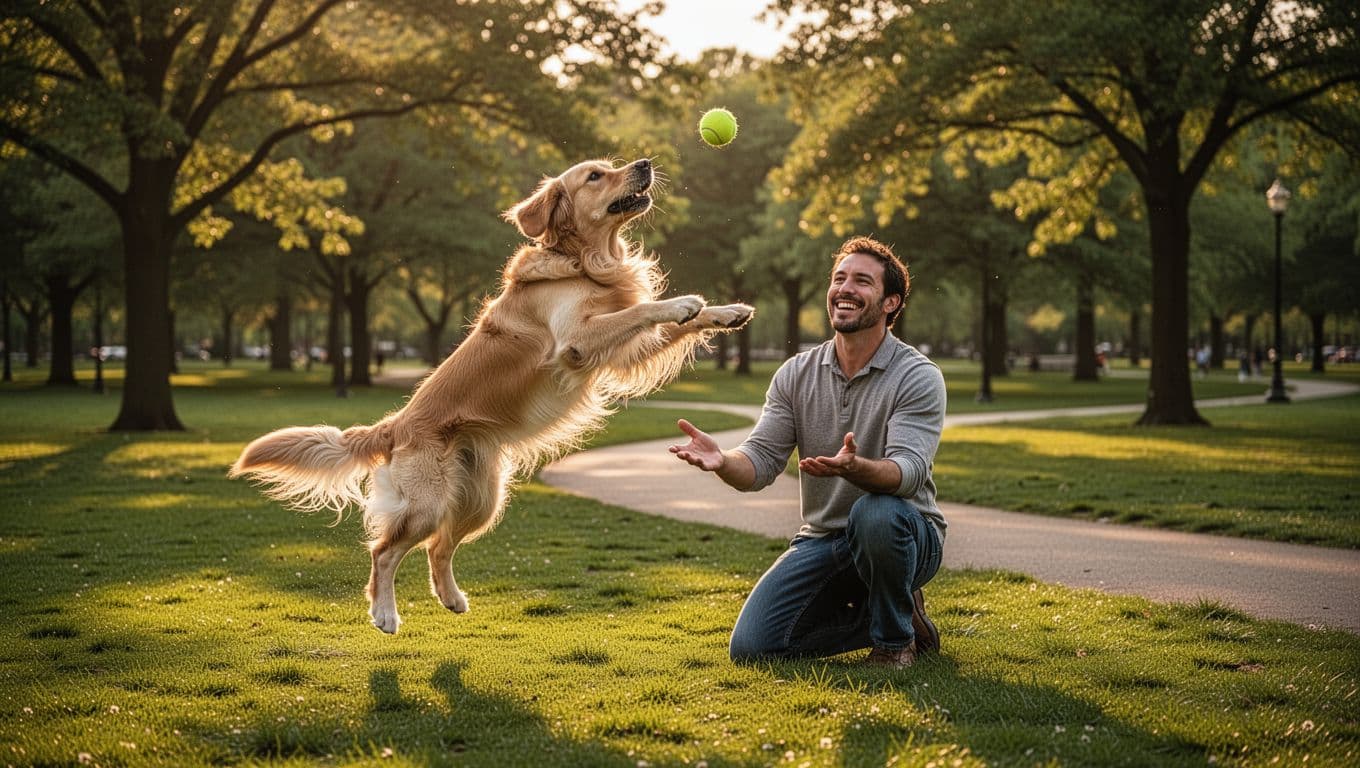 Joyful golden retriever leaping to catch a tennis ball thrown by its kneeling owner in a lush green park during golden hour, cinematic style with warm lighting.