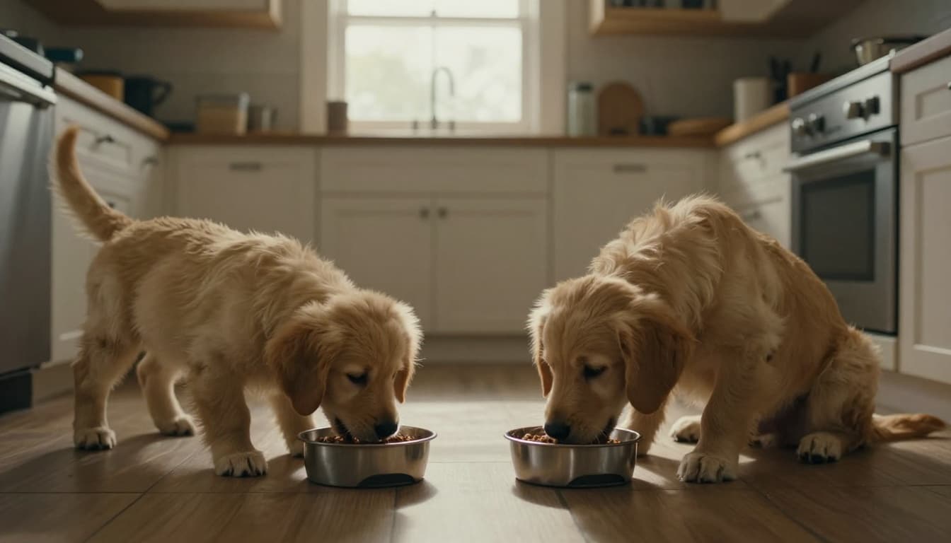 A golden retriever puppy eats from a bowl on a kitchen floor, with an adult dog waiting patiently nearby in a warm, naturally lit kitchen. Cinematic close-up on bowls and dogs' faces highlights feeding stages.