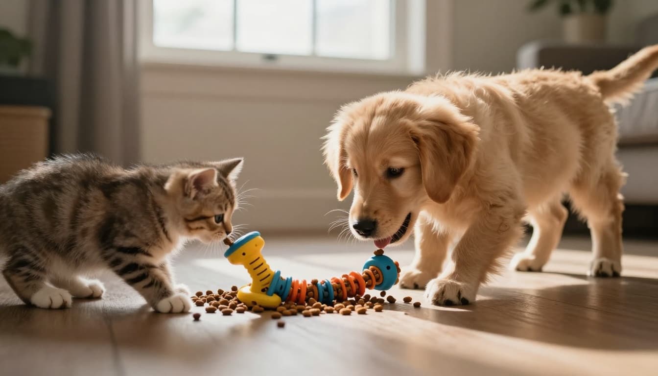 A golden retriever puppy and kitten energetically play with a puzzle feeder toy dispensing kibble pieces on a living room floor, illuminated by soft evening light.