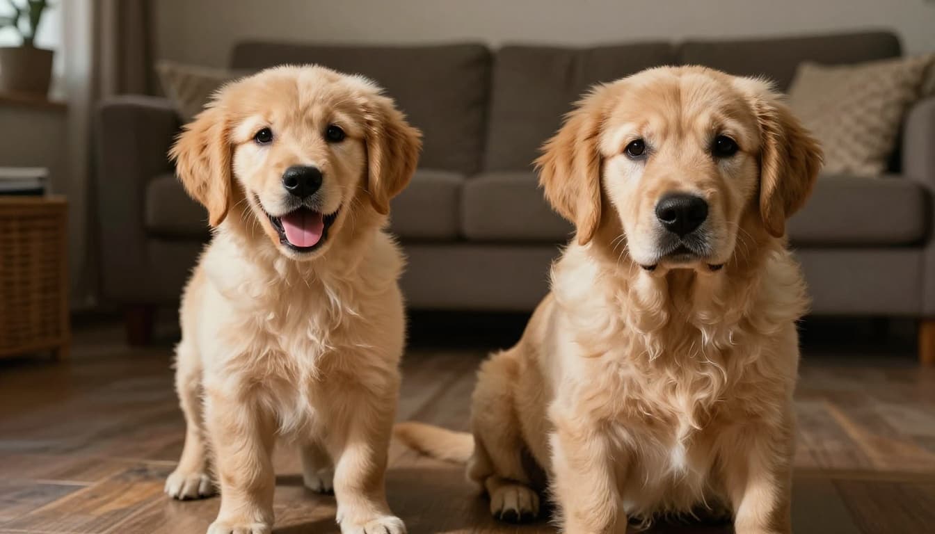 A vibrant golden retriever puppy and calm senior dog side by side in a cozy home, illustrating different life stages with playful energy, healthy mobility, natural indoor light, and cinematic style.