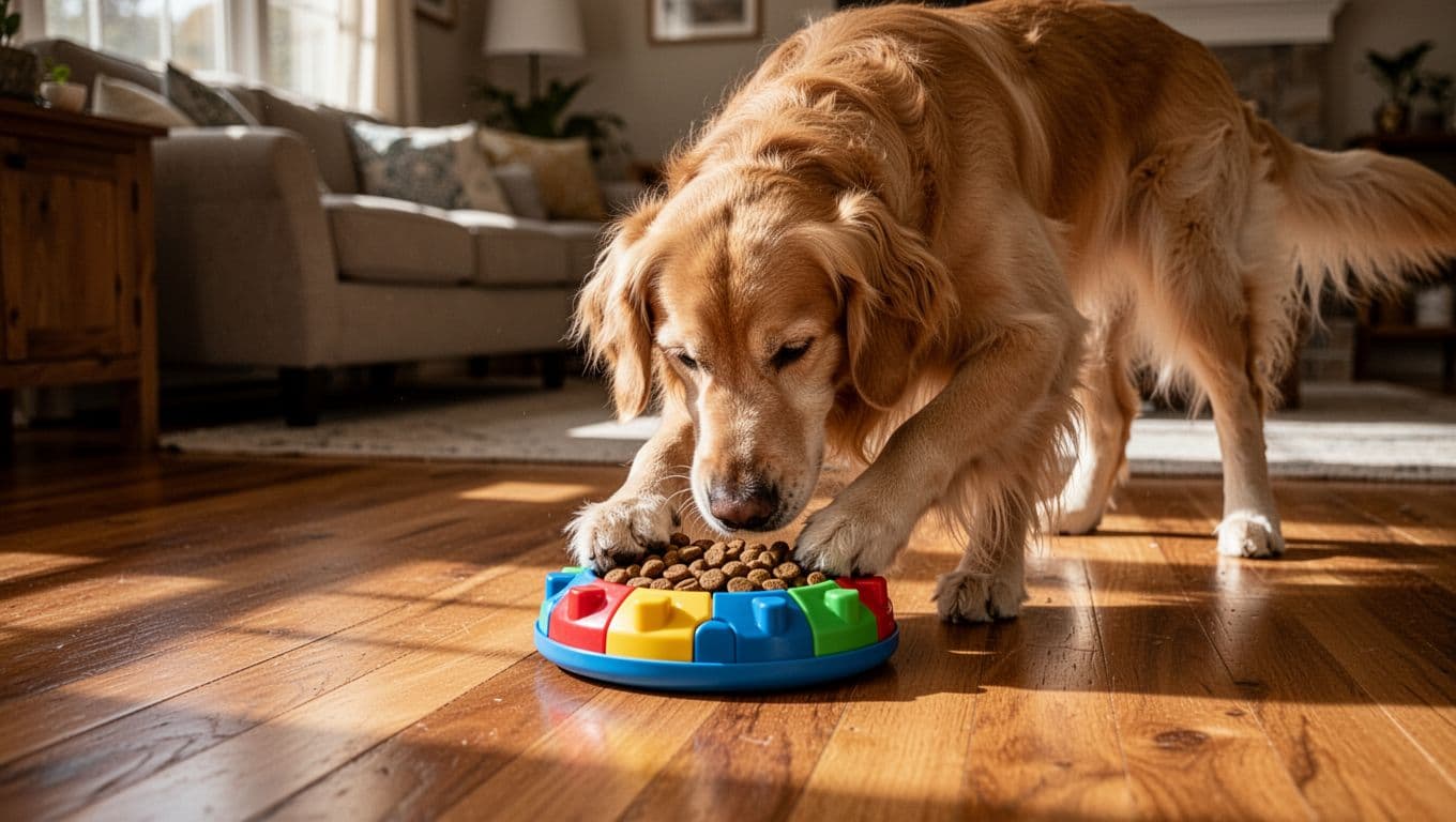 A golden retriever dog sniffs and paws at a colorful puzzle feeder toy filled with kibble on a wooden floor in a cozy living room with natural indoor light and cinematic style.