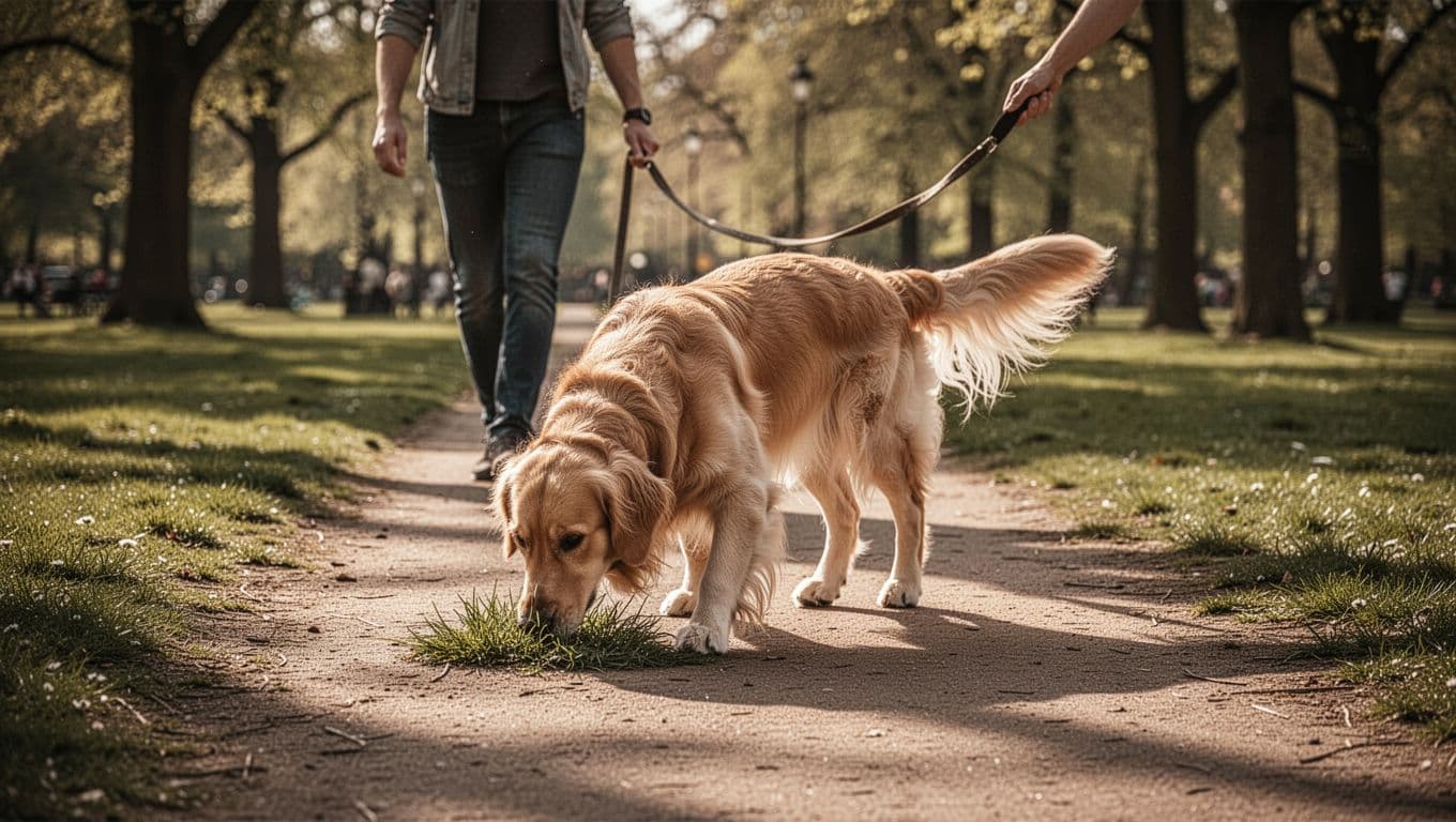 A golden retriever happily sniffs grass during a leisurely walk in a sunny park, led by its nose with tail wagging, while the owner holds a loose leash. Wide cinematic shot in warm earth tones highlights dog enrichment to combat boredom.