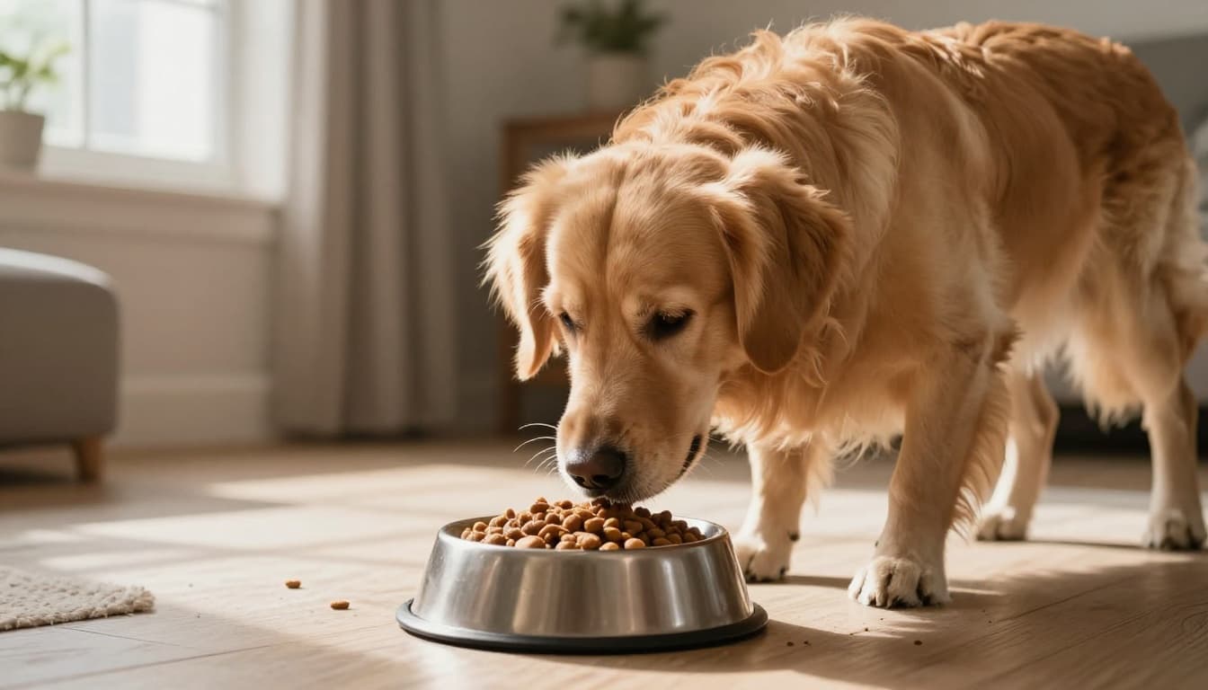 A golden retriever approaches a food bowl on a wooden floor, sniffs the kibble closely, then turns its head away disinterestedly in a cozy living room with warm afternoon light and cinematic lighting.
