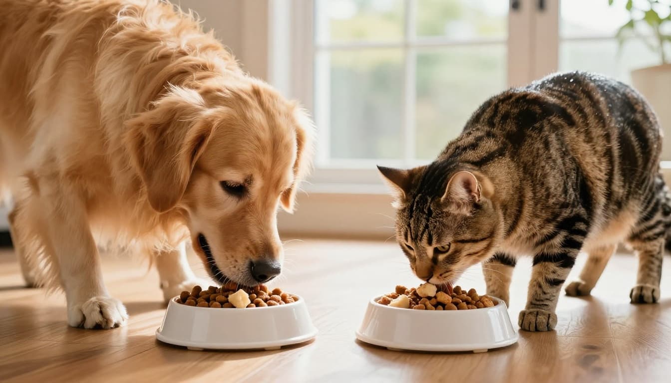 A vibrant close-up of a healthy golden retriever dog and a tabby cat eating from separate bowls filled with colorful kibble and wet food chunks on a wooden kitchen floor, lit by natural daylight in cinematic style with strong contrast and depth.