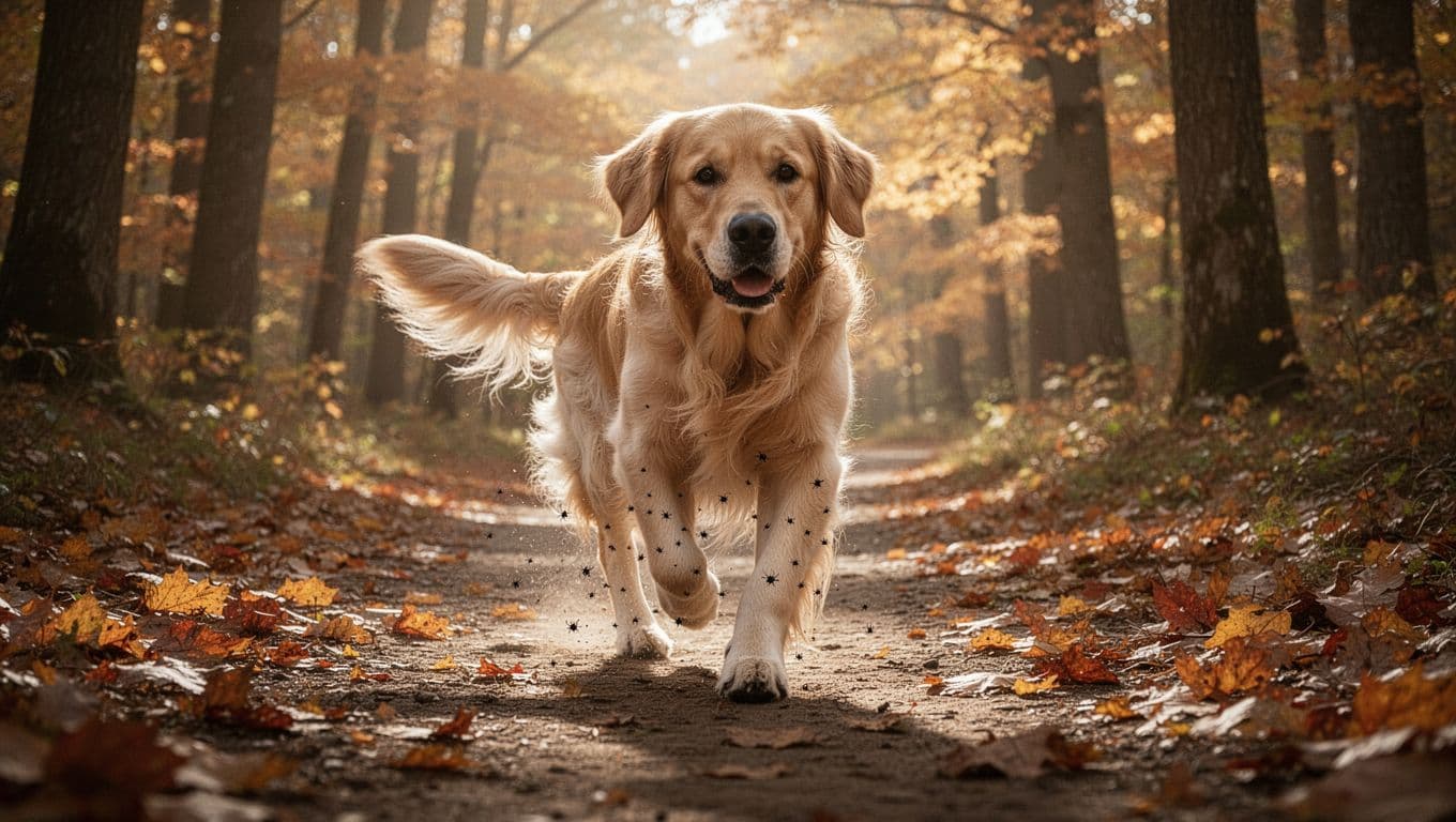 A healthy golden retriever trots along a wooded hiking trail amid fall foliage, with subtle ticks visible on its legs and belly in dramatic forest light.