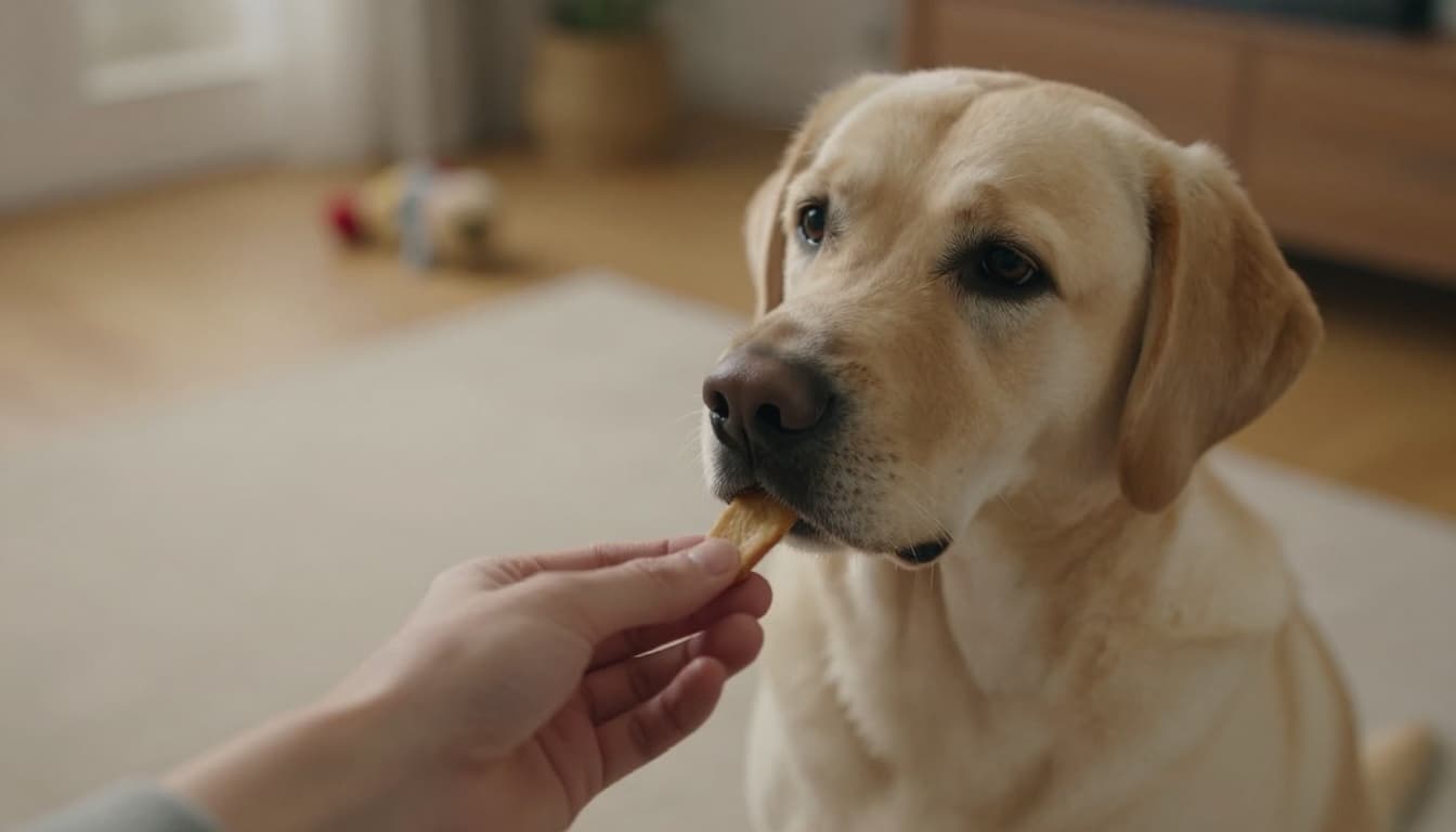 Close-up of a person's hand offering a small chicken treat to a sitting Labrador dog looking up eagerly with focused eyes in a cozy home living room. Soft indoor lighting highlights the moment of positive reinforcement amid warm earth tones and simple background elements like a rug and toy.