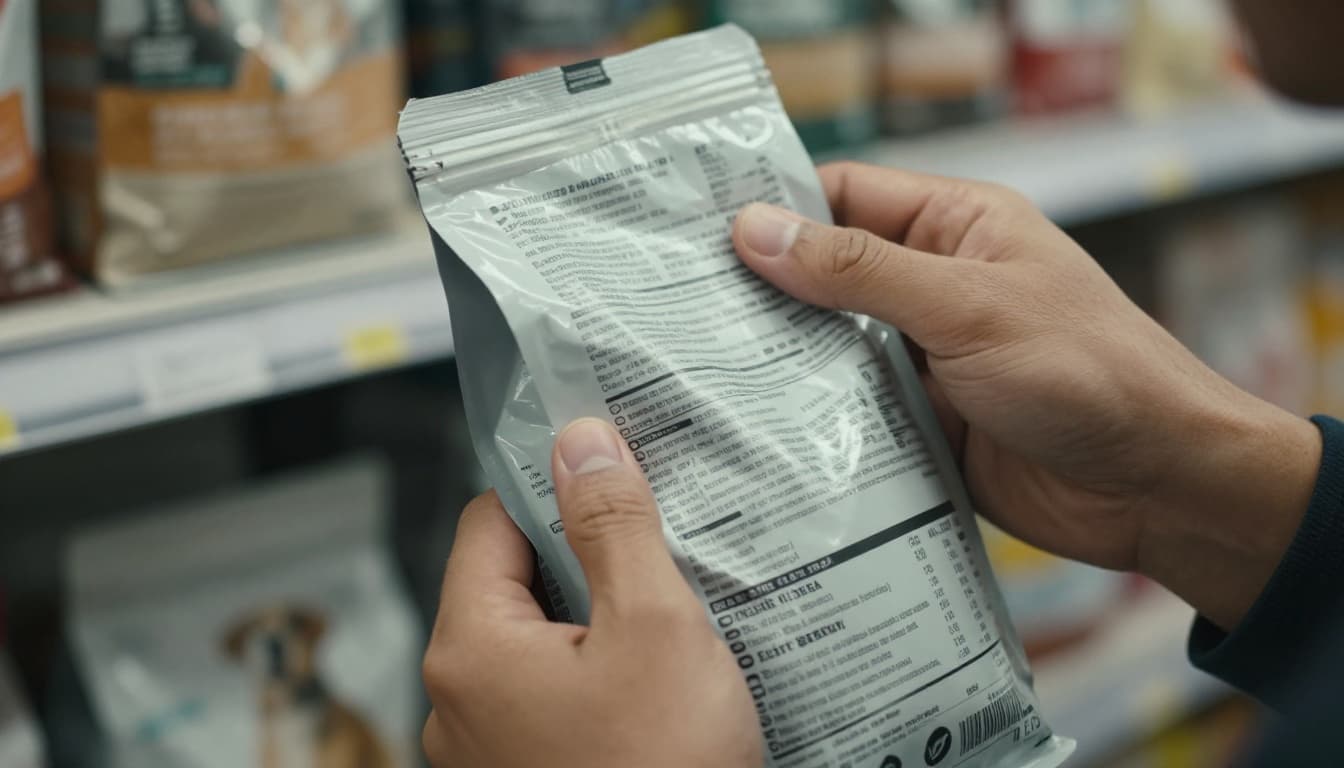 Close-up of hands holding a pet food bag and scrutinizing the ingredient label in a bright store aisle, cinematic style with dramatic lighting.