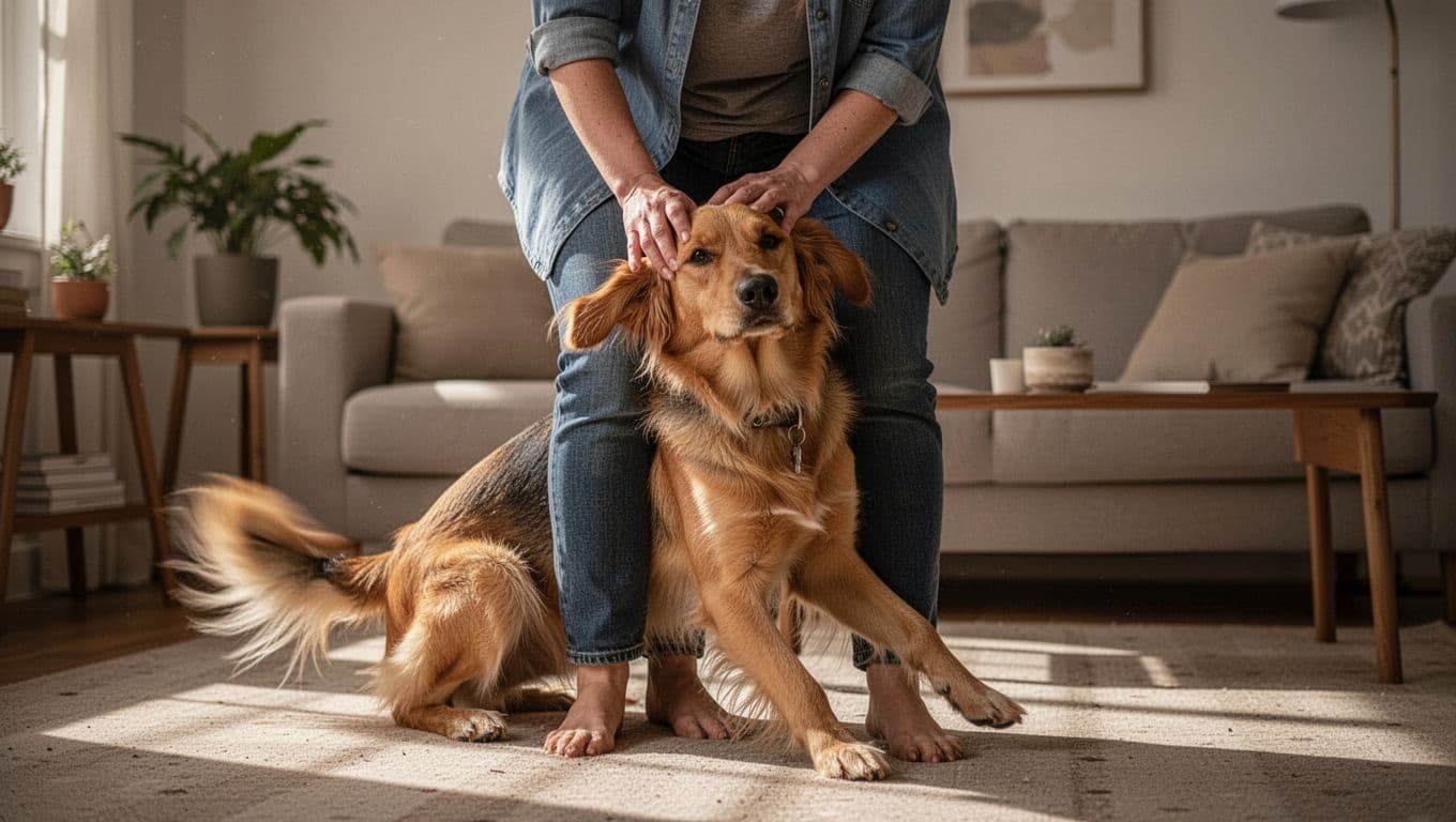 Happy dog leaning against owner's leg with relaxed ears and wagging tail in a home living room, owner gently petting its head. Cinematic style with warm indoor light, strong contrast, and dramatic soft lighting.