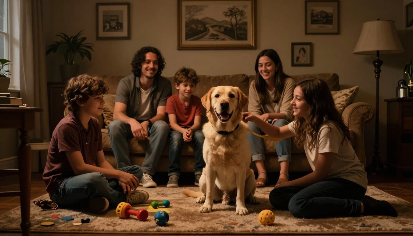 A cheerful family of four—parents and two kids under 10—plays with a medium-sized friendly Labrador dog in a cozy living room scattered with toys, under warm cinematic lighting with strong contrast and depth.