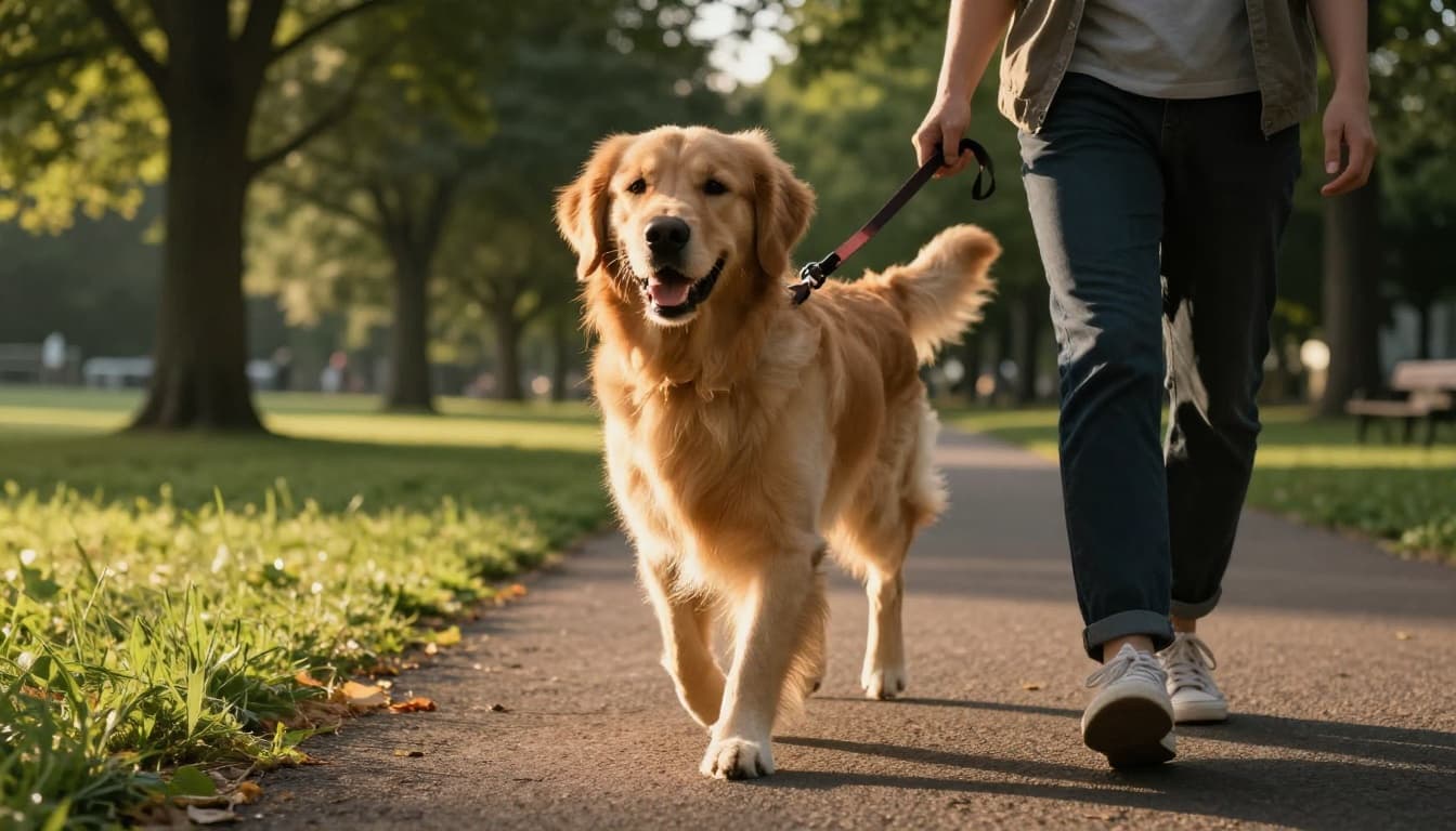 A joyful golden retriever dog enjoys a morning walk in a sunny park, with its owner holding the leash loosely from a low angle in cinematic style with dramatic sunrise lighting.