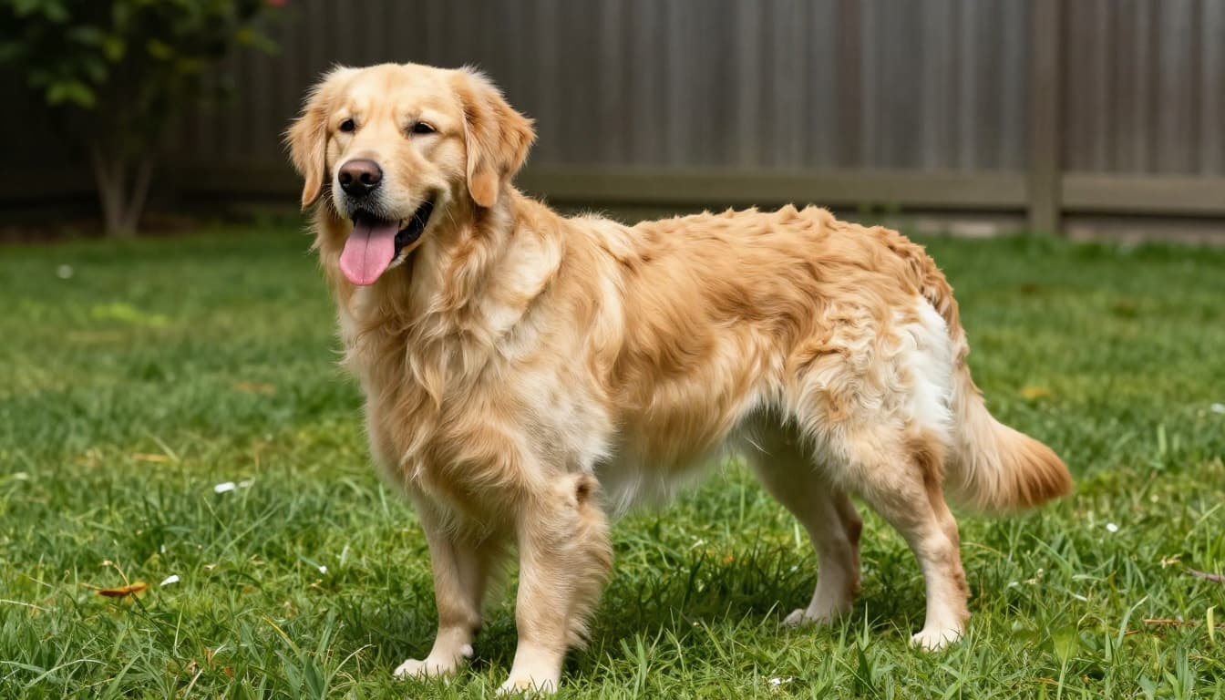 A joyful golden retriever stands relaxed in a sunny backyard, displaying clean shiny fur with no parasites, illustrating protection after preventive treatment.