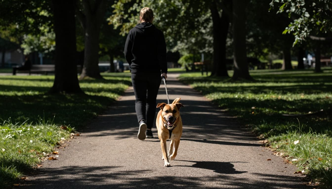 A person walks a leashed dog mid-stride in a sunny park with trees and a path, viewed from behind. The image captures daily exercise for dogs in a cinematic style with strong contrast, depth, and natural daylight.