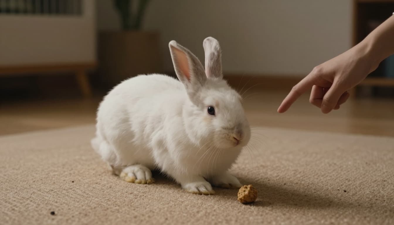 A fluffy Holland Lop rabbit hops in a circle around a treat on a clean indoor playpen floor, with the owner gently pointing nearby in a natural home setting with toys.