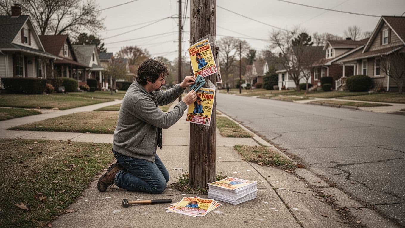 One person kneels on a quiet sidewalk stapling colorful lost pet flyers with pet photos to a wooden telephone pole, hammer and extra flyers nearby, wide street view under overcast skies in cinematic style.
