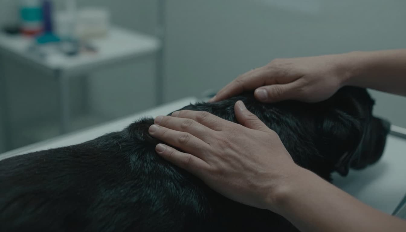 A hand gently feels the ribs of a Labrador retriever on a vet exam table with blurred tools in the background and soft clinic lighting. Close composition highlights the body condition check in cinematic style with strong contrast and depth.