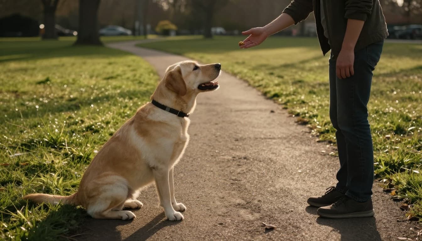 A loyal labrador retriever performs sit and stay commands on a grassy park path during golden hour, with the owner extending a palm signal and holding a treat, viewed from behind in cinematic style.