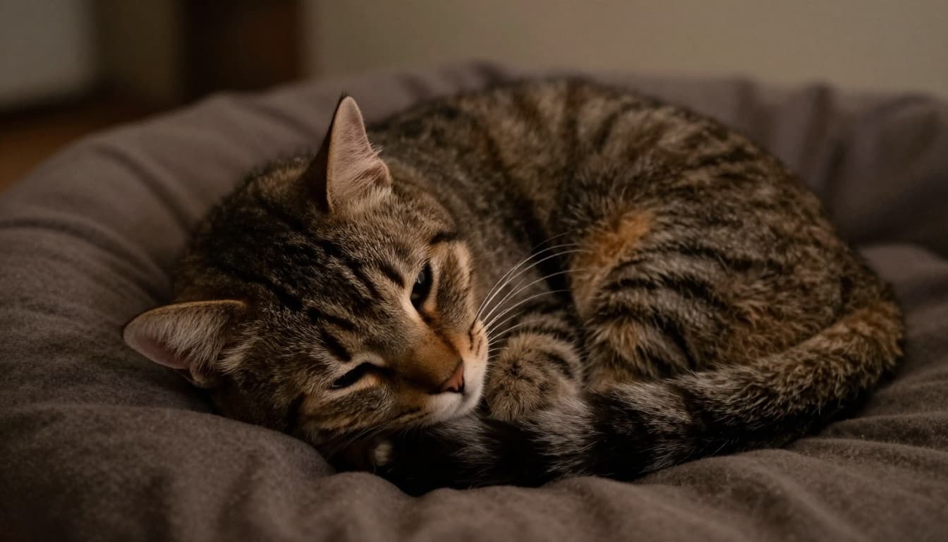 A lethargic adult cat curled up on a cozy pet bed at home, looking unwell with dull fur and slight labored breathing under soft indoor lighting. Close-up cinematic style with dramatic contrast and muted earth tones emphasizes tiredness.