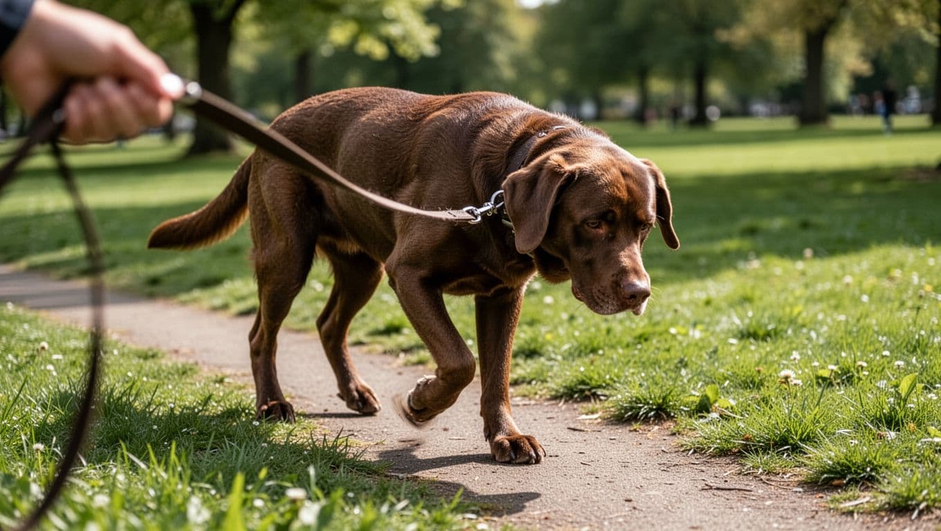 Brown Labrador dog limping on a green grassy park path with front left paw lifted off the ground, head lowered and ears back showing discomfort. Sunny outdoor daylight realistic photo from three-quarter view, leash holder's hand blurred, no people or distractions.