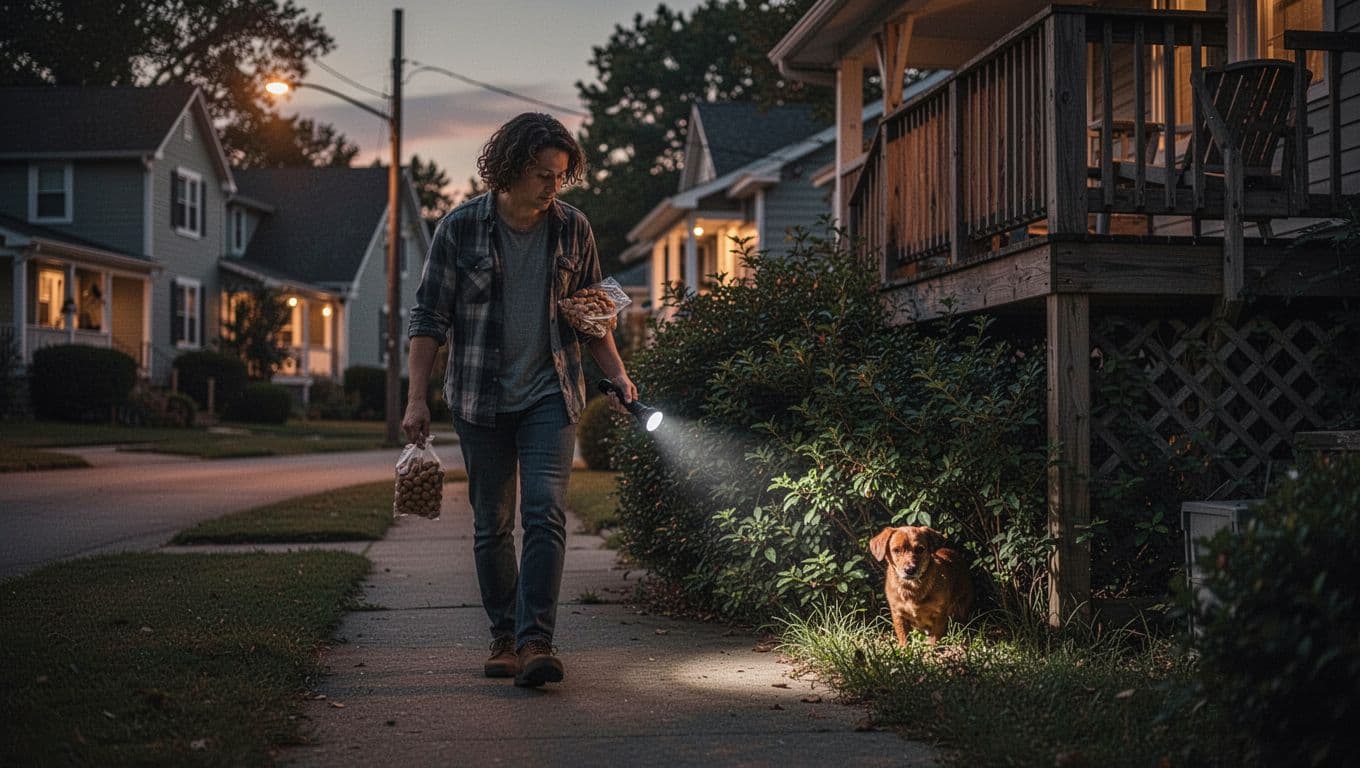 A single person walks slowly on a suburban street at dusk, holding treats in one hand and shining a flashlight with the other at dense bushes under a wooden deck where a small brown dog hides partially visible, with cozy lit homes in the soft background.