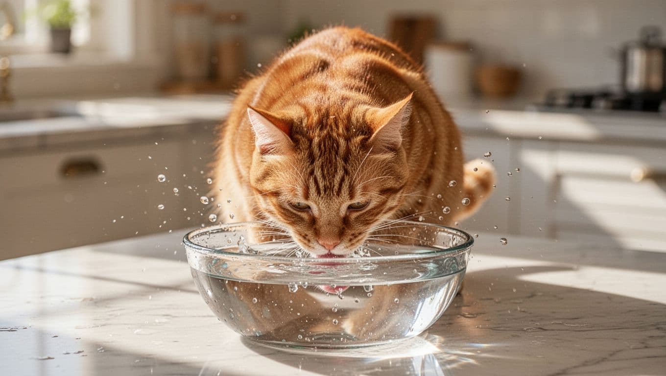 Orange tabby cat intently lapping large amounts of water from an oversized bowl in a sunny kitchen, with droplets splashing and blurred background counters.