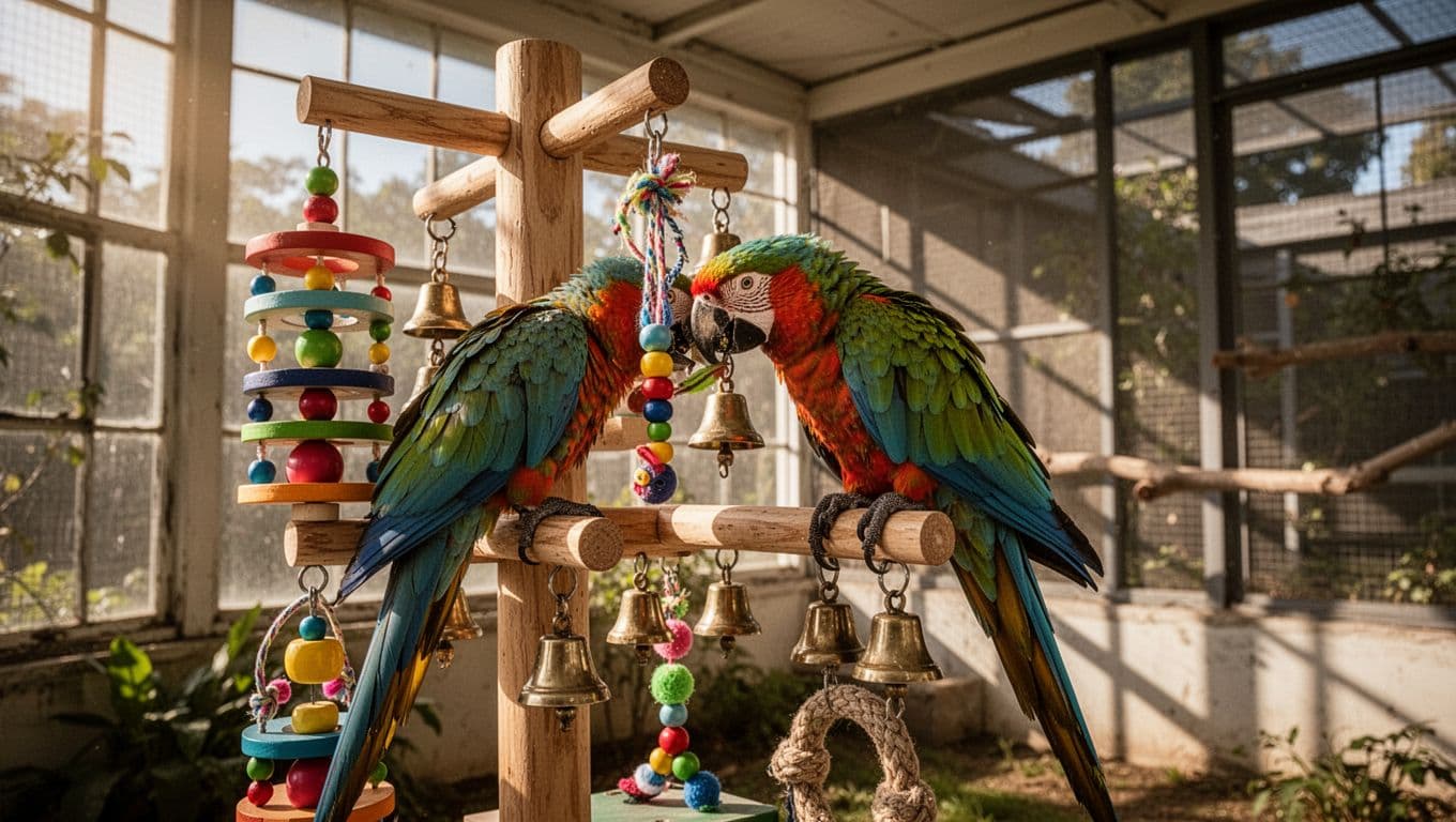 A single parrot perched on a play stand with rotating toys and bells in a bright aviary room, actively pecking at a toy from a side view in cinematic style with dramatic lighting and strong contrast.