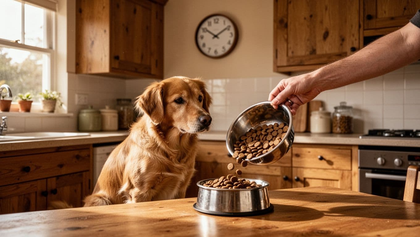 In a warm home kitchen, one dog sits patiently by its food bowl as the owner places kibble down, with a wall clock showing routine mealtime in a relaxed, cinematic atmosphere with dramatic lighting and warm tones.